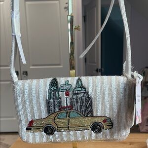 NYC Taxi Embroidered White Shoulder Bag NWT